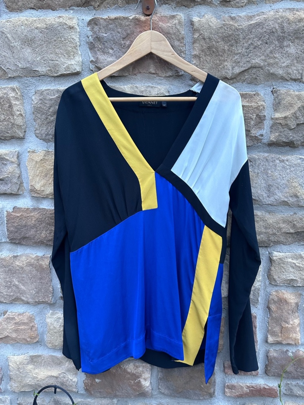 Vionnet Colorblock V-Neck Long Sleeve Top — Blue, Black, Yellow, White, silk